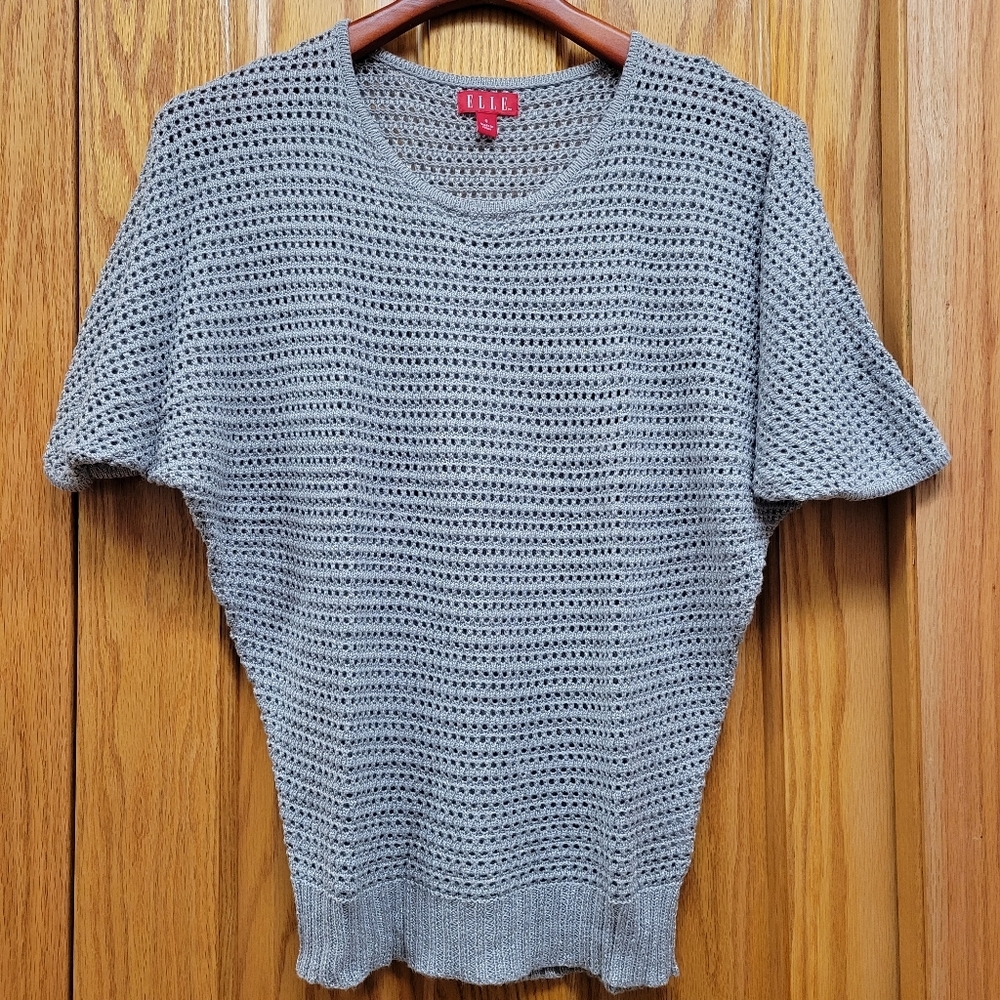 Womens Elle Sweater Gray Silver Metallic light weight short sleeve Size …
